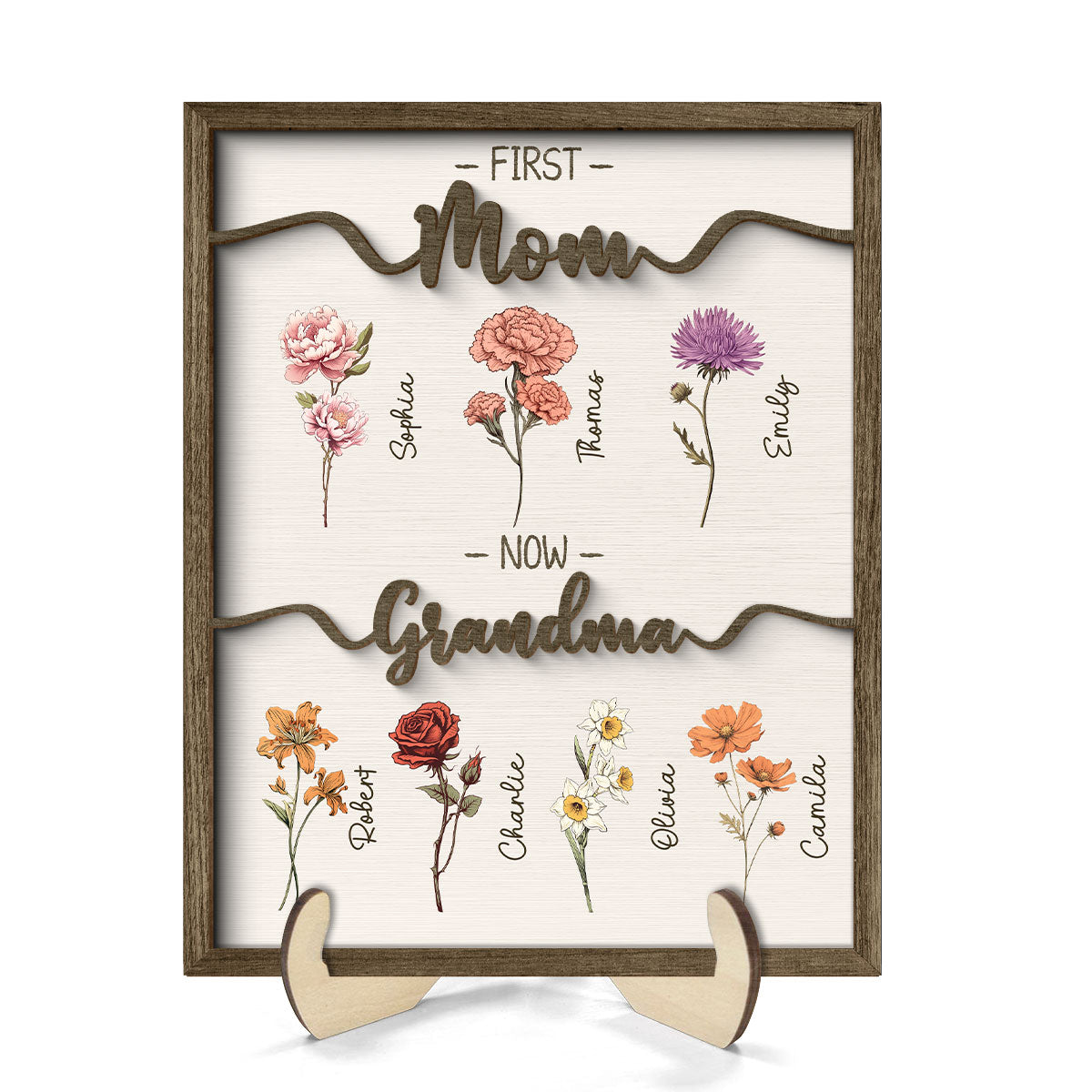 First Mom Now Grandma Vintage Birth Month Flowers Personalized 2-Layer Wooden Plaque
