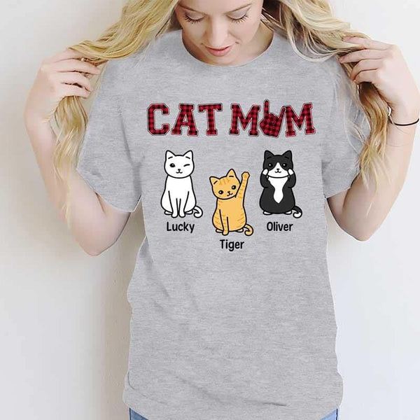 Cat Mom Red Plaid Sitting Cat Personalized Shirt - TrendingCustom™️