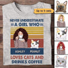 Never Underestimate Coffee Girl Cats Retro Personalized Shirt