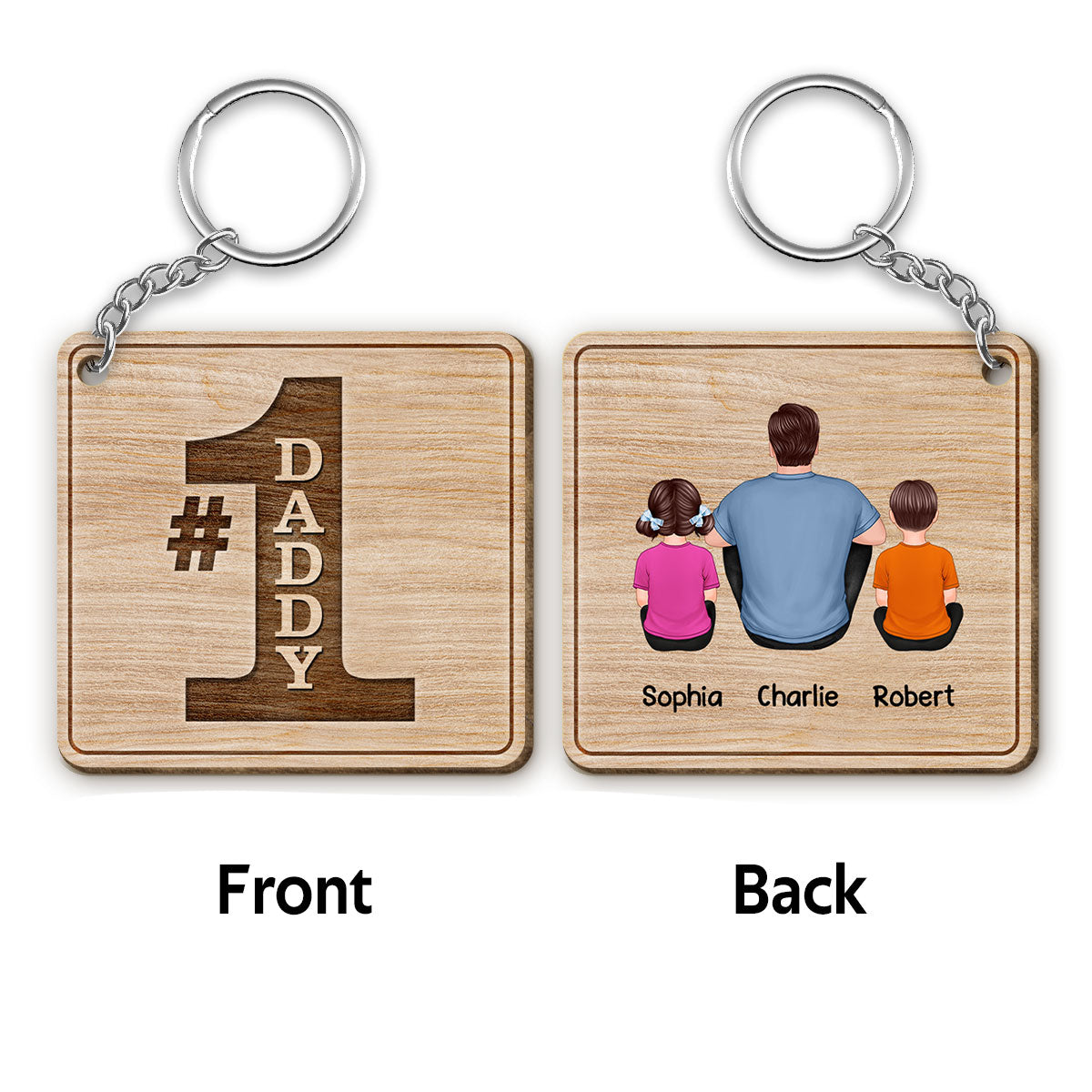 #1 Dad Grandpa Back View Sitting Personalized Wooden Keychain