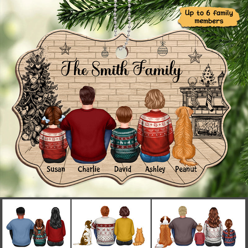 Christmas Sketch Background Family Dad Mom Kids Dogs Cats Personalized Wooden Ornament