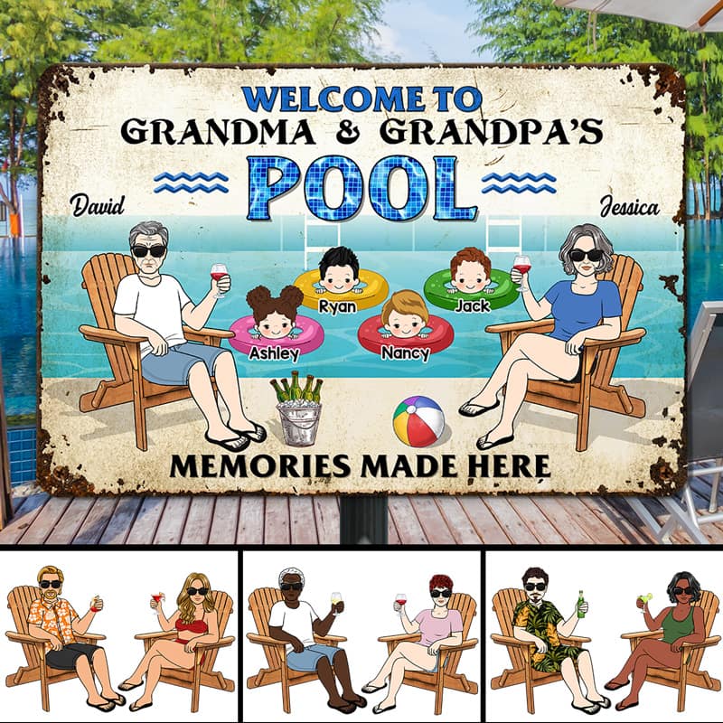 Welcome To Grandparents Pool With Grandkids Personalized Metal Sign
