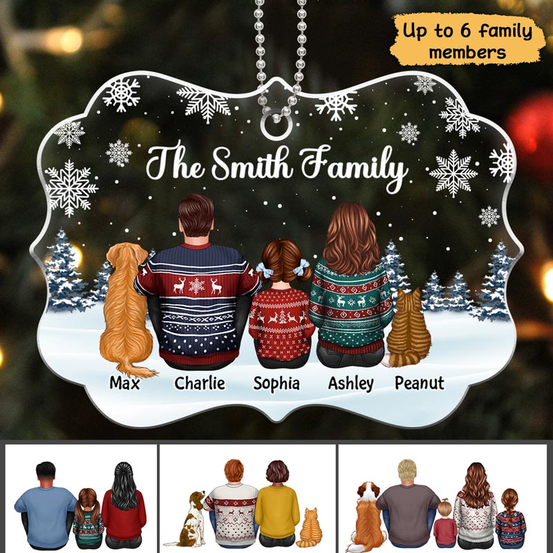 Family Dad Mom Kids Dogs Cats Snow Background Personalized Acrylic Ornament